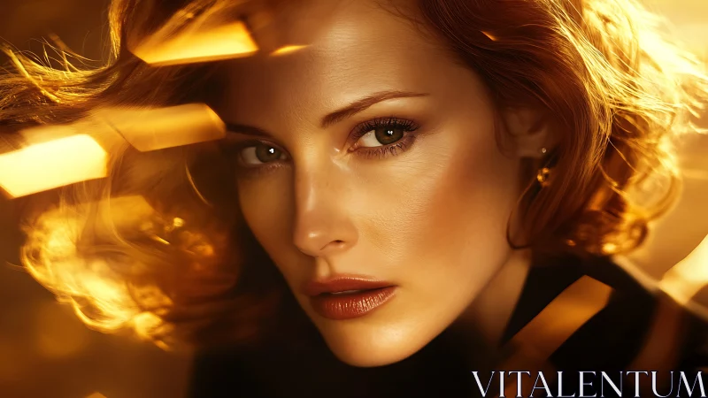 Golden-lit close-up portrait of red-haired woman in motion.