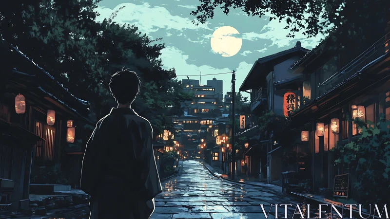 Person observes lantern lit street under full moon at night