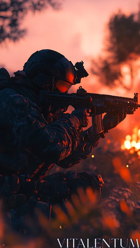 Sunset-soaked soldier kneels in calm, focused readiness