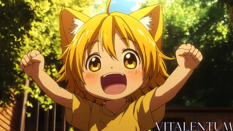 Sunlit fox-eared child bursts into golden morning joy.