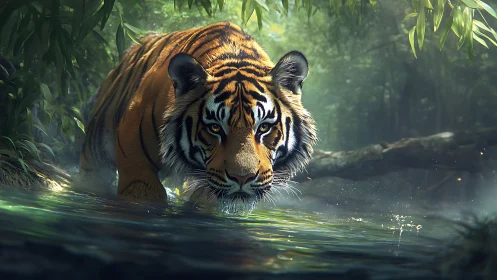 Calm jungle tiger stepping through shimmering forest water.