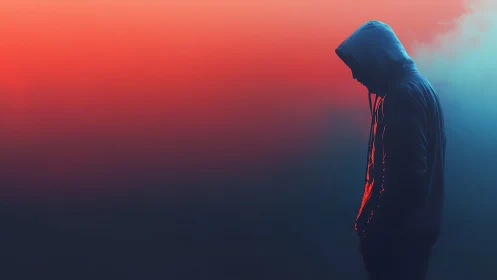 Hooded silhouette in neon mist against red cyan gradient.