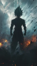 Silhouetted anime warrior in storm and rising flames.