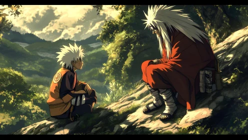 Two white-haired figures seated on sunlit forest hillside.