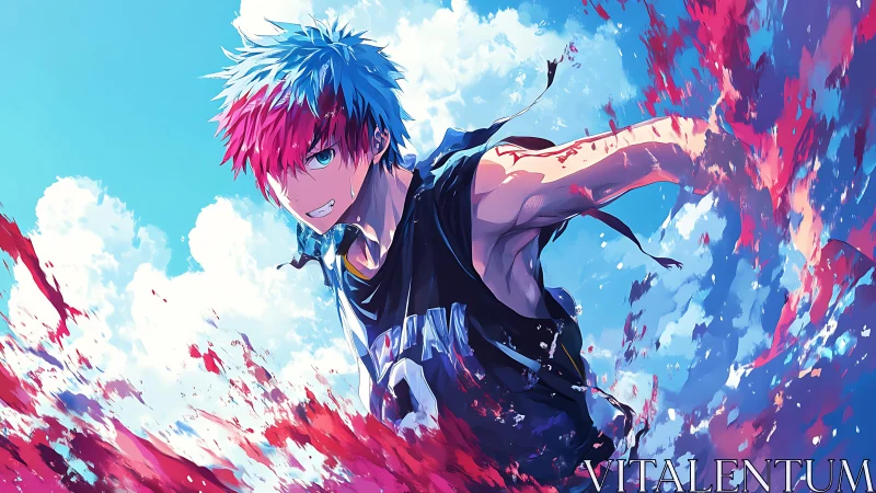 Sky-slasher striker in a storm of neon paint clouds.