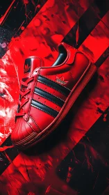 High-contrast red leather sneaker with black stripes and shell toe