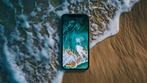 Smartphone on tidal shoreline creates seamless aquatic illusion