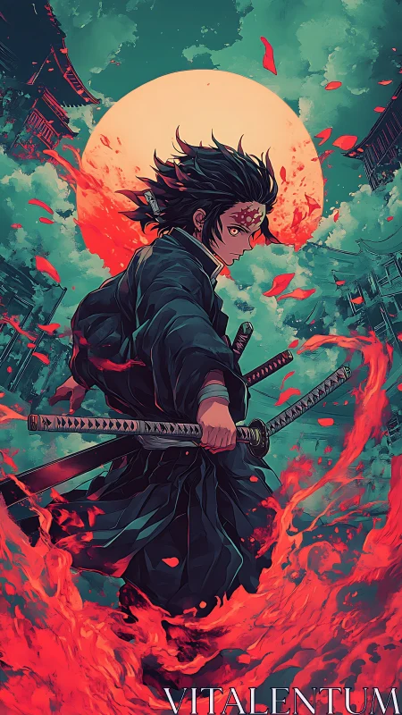 Blade-wielding warrior strides through scarlet flame under moon