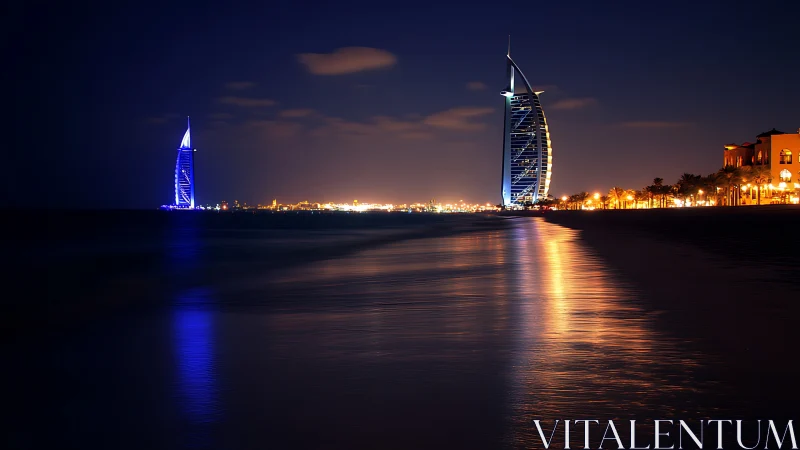 Dubai luxury hotel skyline with night reflections on sea.