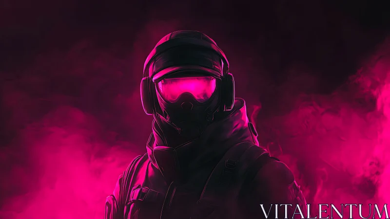 Neon tactical operative in magenta atmospheric haze.
