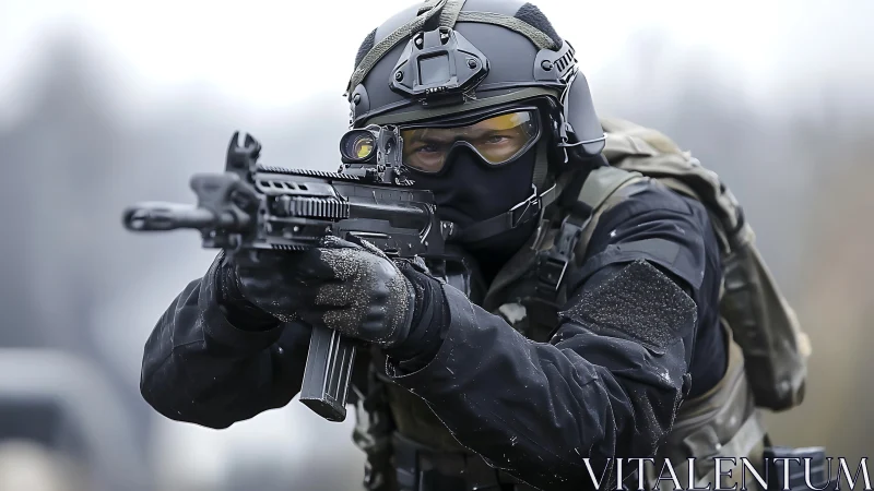 Tactical operator aims rifle in tense outdoor standoff.