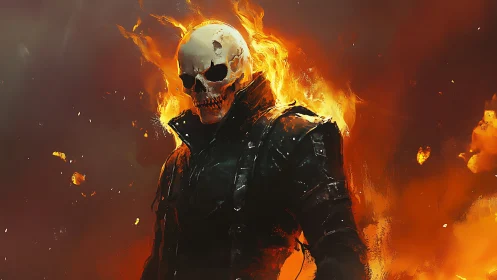 Flaming skeletal figure in black jacket on fiery backdrop.