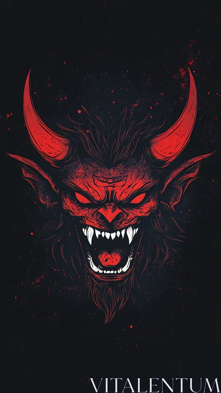 Scarlet horned demon roaring from a void of splattered night.
