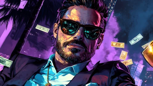 Neon-lit crime boss portrait with flying banknotes, night city
