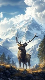 Majestic stag stands proud beneath towering alpine peaks