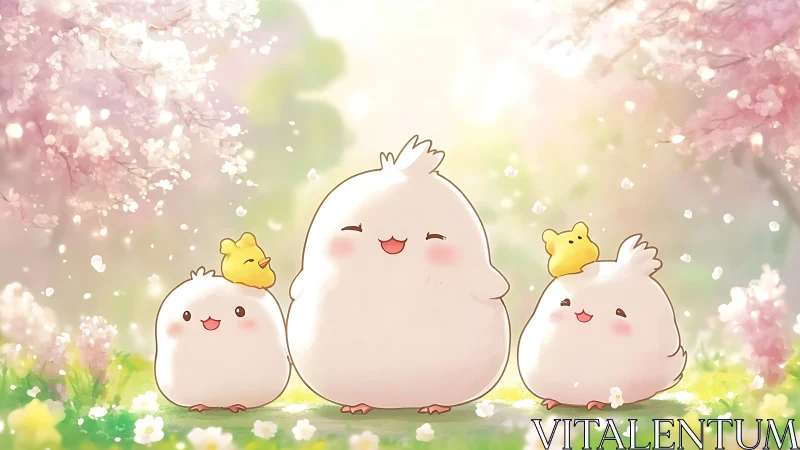 Charming trio of plump bird characters with attendant sprites in floral garden setting.
