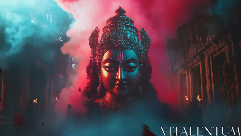 Serene goddess face glowing in mystical temple colors.