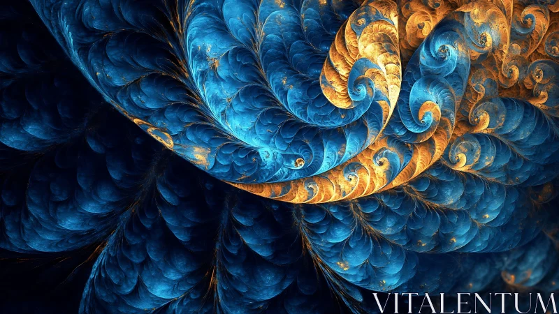 Spiraling blue gold fractal plumes with recursive feather geometry