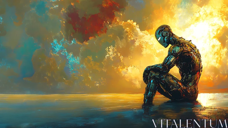 Solitary humanoid android in reflective pose against blazing sky