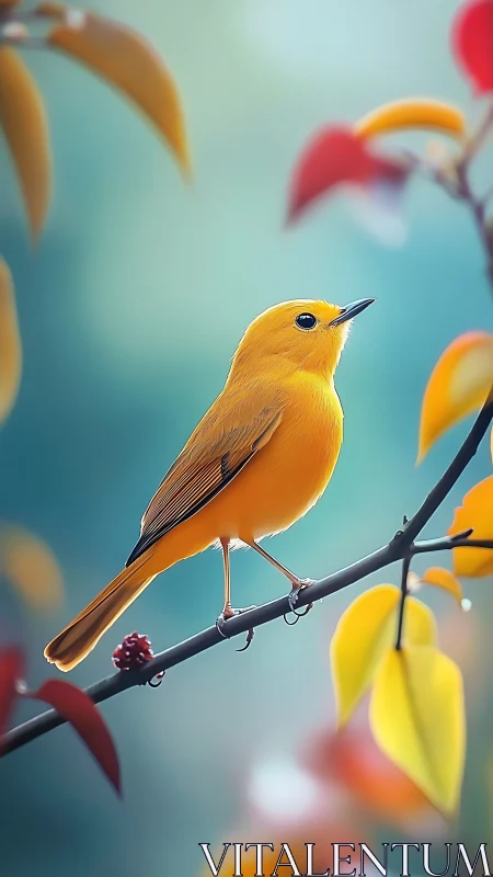 Yellow bird perched on dark branch with colorful foliage background