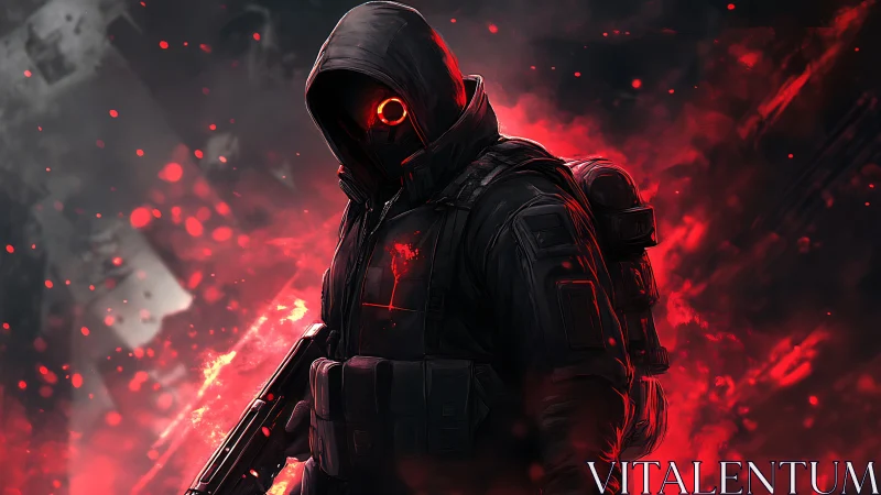 Hooded cyber soldier stalks through red combat haze.