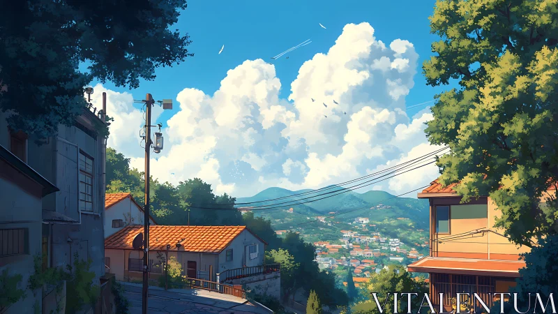 Sunlit hillside street opening onto a calm valley town.