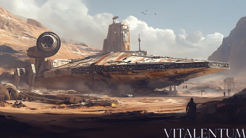 Downed starship dominates windswept desert salvage yard