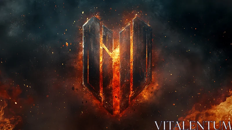 Glowing geometric shape engulfed in orange and red flames.