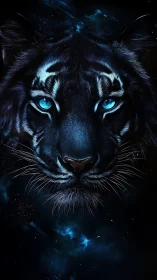 Midnight cosmic tiger with glowing blue galaxy eyes.