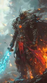 Dark armored warlord with flaming cloak and frost blade.