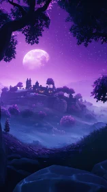 Lunar-illuminated violet valley with silhouetted hilltop village.