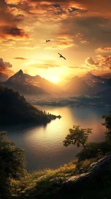 Sunset light intersects mountain lake and stratified cloud field