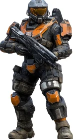 Heavily armored sci fi soldier in orange tactical exosuit.