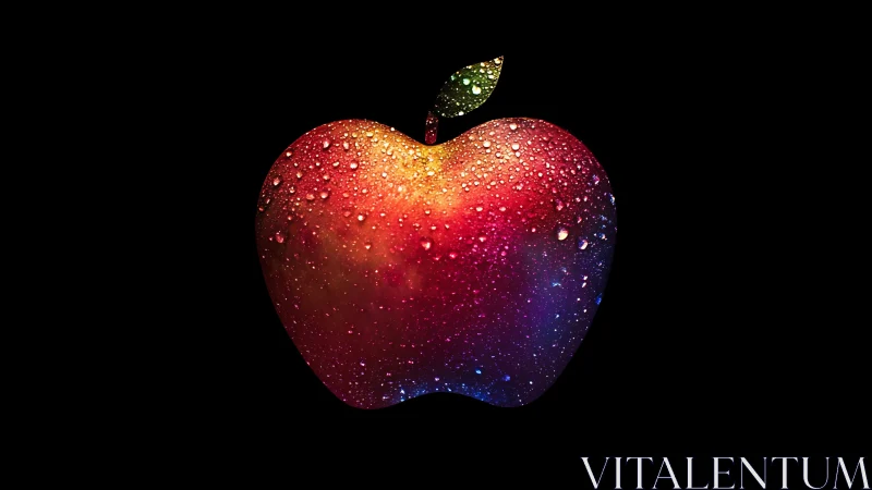 Rainbow apple silhouette glows with dewy water droplets.