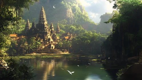 Sunlit jungle temple beside a calm, dreamlike river.