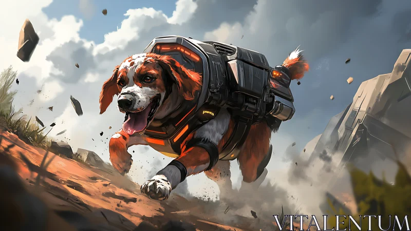 Rocket-pack beagle barrels through rubble toward bright horizons