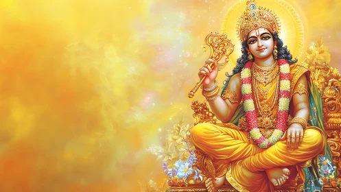 Seated golden deity holds staff against luminous yellow background