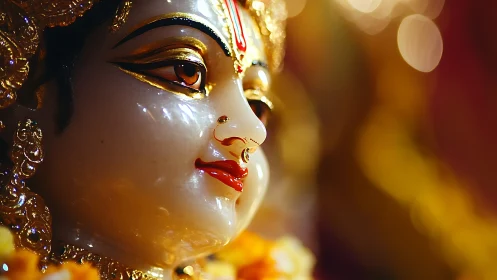 Gilded Hindu deity idol close-up with luminous bokeh background.