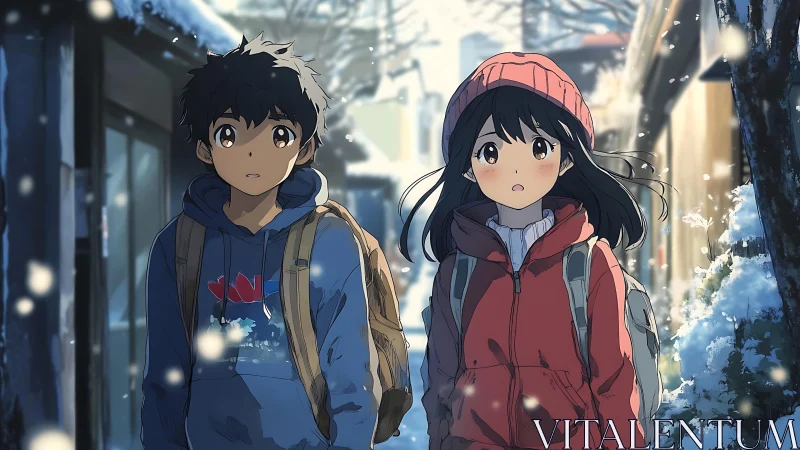 Winter city stroll with anime teens in soft snowfall.