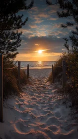 Photorealistic coastal pathway at sunset with framed perspective.