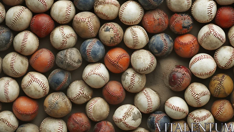 Collection of worn multicolored baseballs in tight arrangement.