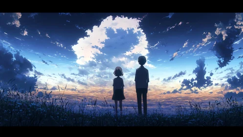 Two silhouetted figures stand in field beneath stratified sky