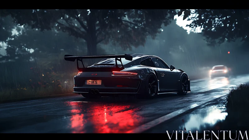 Midnight sports car on rainy forest highway in motion.