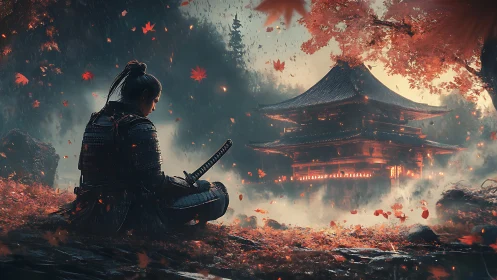 Solitary samurai in autumn mist before illuminated temple.