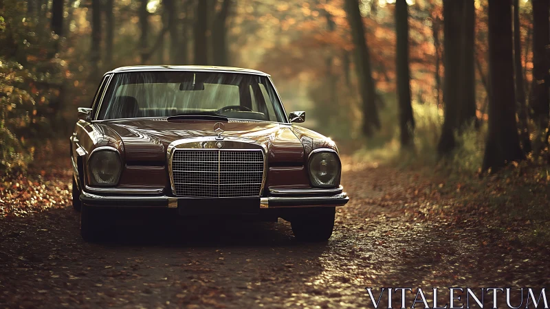 Vintage Mercedes sedan stands on sunlit forest track