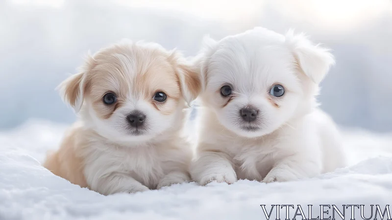 Two small fluffy puppies lie close together on clean snow