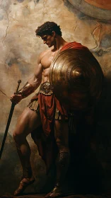 Classical hoplite warrior with ornate shield and sword poised.