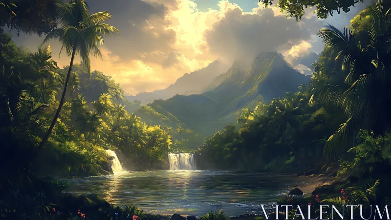 Sunlit tropical lagoon rests beneath misty emerald mountains