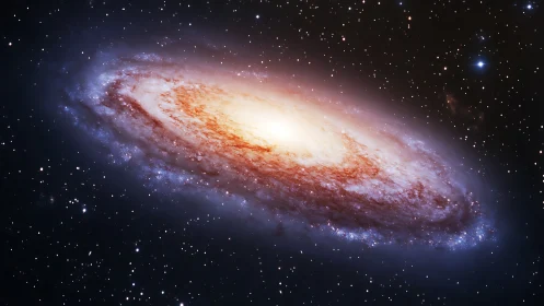 Spiral galaxy viewed at oblique angle shows dense bright core