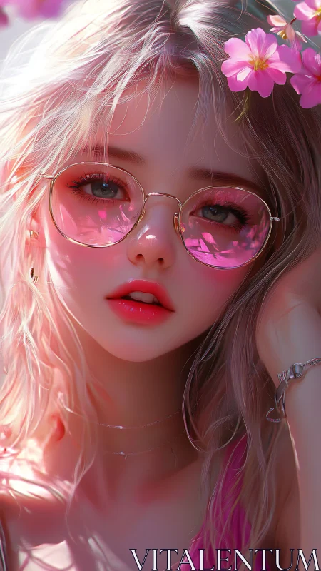 Pink-tinted portrait of blonde girl with floral reflections